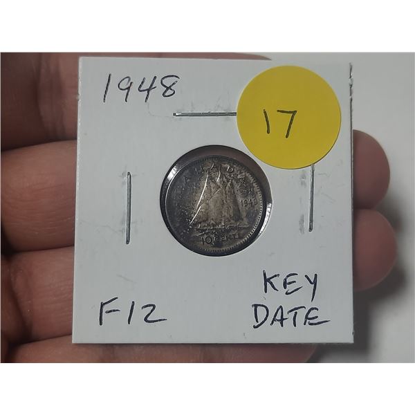 1948 Canadian Silver 10 Cents. Key Date. F12.