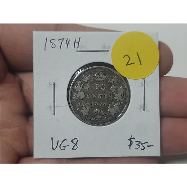 1874H Canadian Victorian Silver 25 Cents. Heaton Mint. VG8.