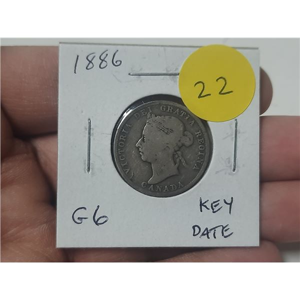 1886 Canadian Victorian Silver 25 Cents. G-6. Key Date.