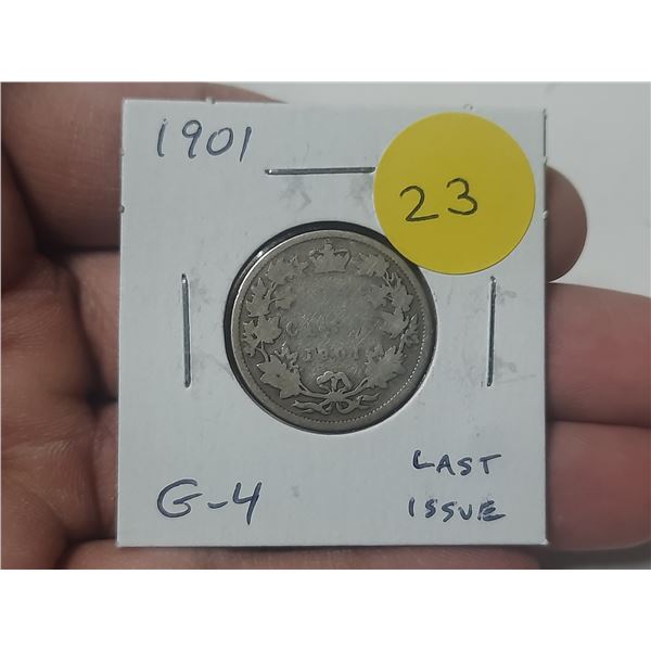 1901 Canadian Victorian Silver 25 Cents. Last issue of Queen Victoria. G4.
