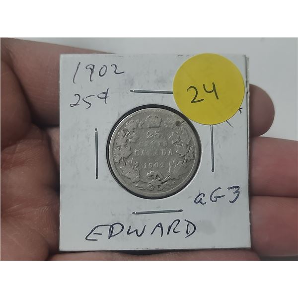 1902 Canadian Silver 25 Cents. First issue of King Edward VII. aG3 with readable date.