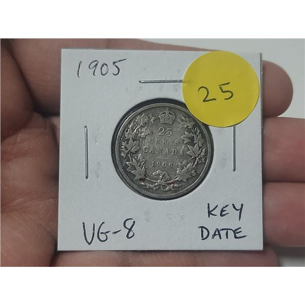 1905 Canadian Silver 25 Cents. VG8. Key Date.