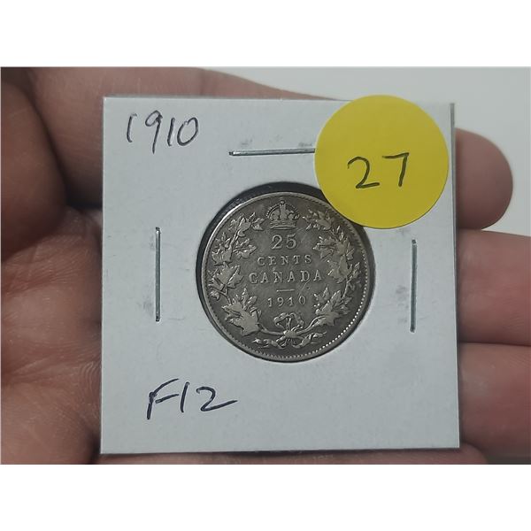 1910 Canadian Silver 25 Cents. Last issue of King Edward VII. F12.