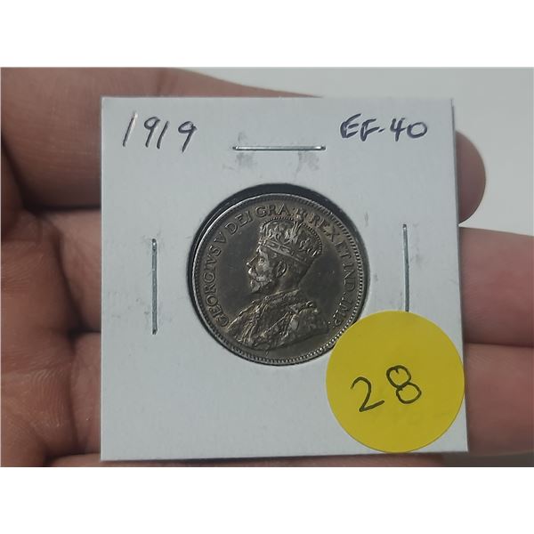 1919 Canadian Silver 25 Cents. EF40. Nice.
