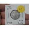 Image 1 : 1936 Dot Canadian Silver 25 Cents. Key Date. VG10.