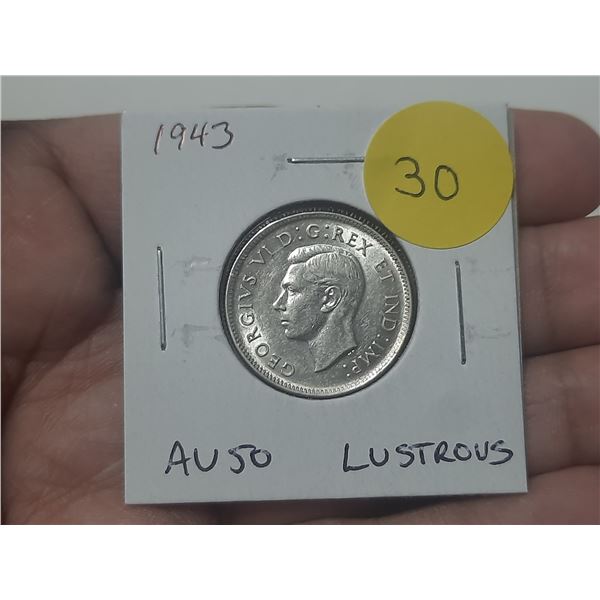 1943 Canadian Silver 25 Cents. World War II issue. AU50. Lustrous.