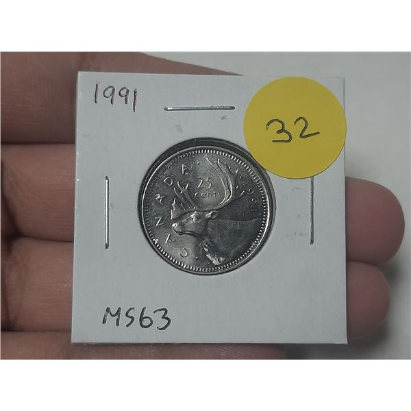 1991 Canadian 25 Cents. MS-63. Scarce Date.