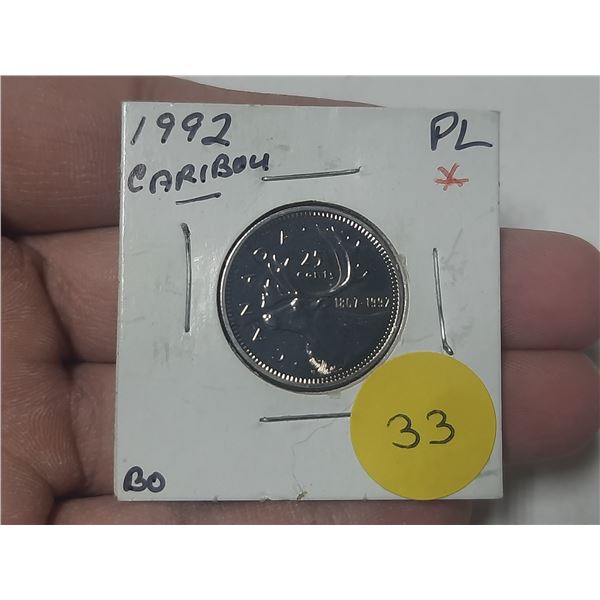 1992 Caribou 25 Cents. Proof Like. Scarce.