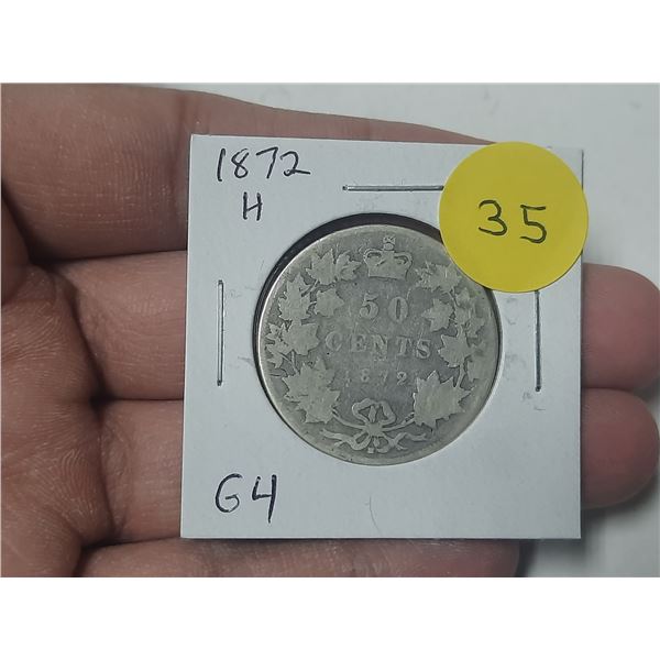 1872H Canadian Victorian Silver 50 Cents. Heaton Mint. G4.