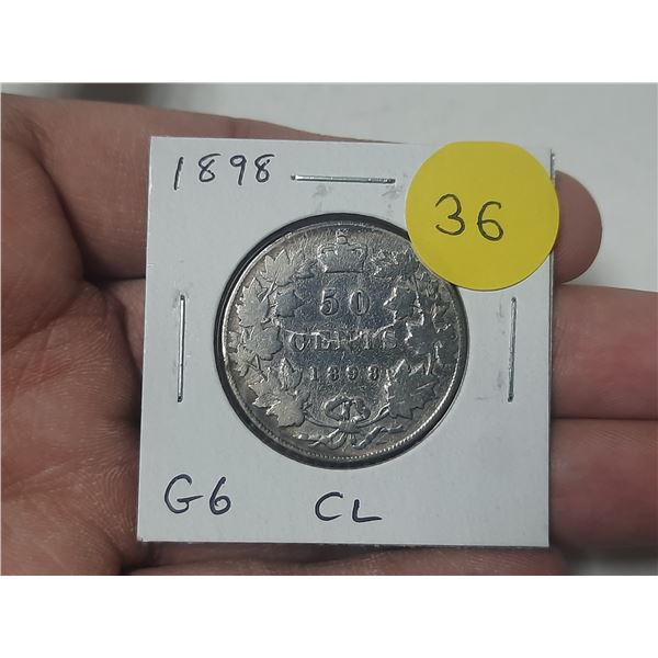 1898 Canadian Victorian Silver 50 Cents. G6. Cleaned. Key Date.