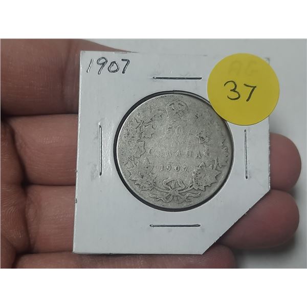 1907 Canadian Silver 50 Cents. aGood3 with readable date.