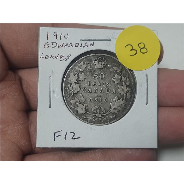 1910 Edwardian Leaves Canadian Silver 50 Cents. F12.