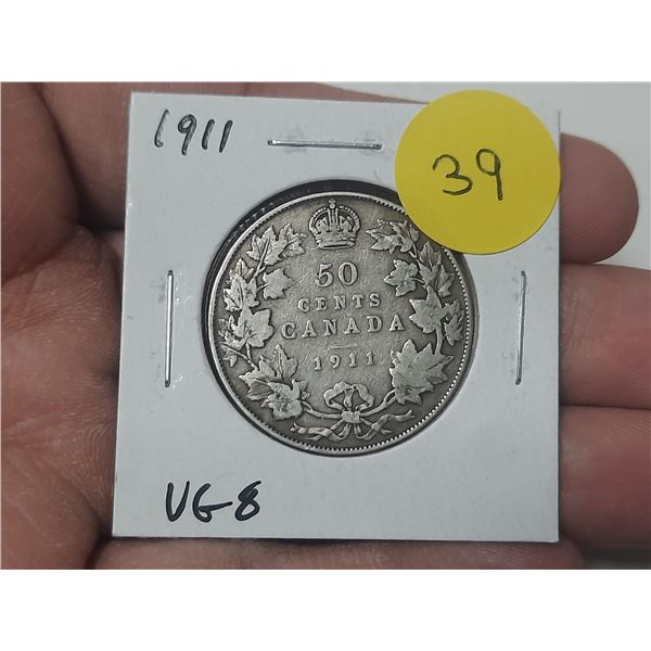 1911 Canadian Silver 50 cents. First issue of King George V. VG8.