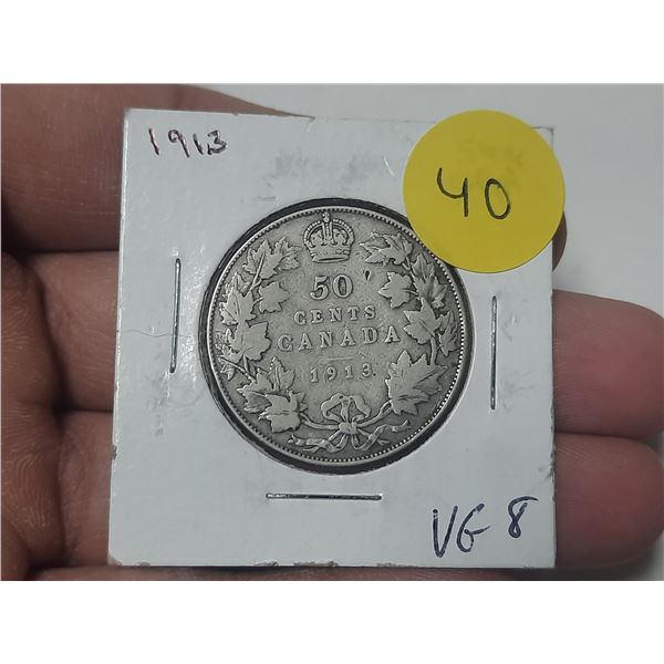 1913 Canadian Silver 50 Cents. VG8.