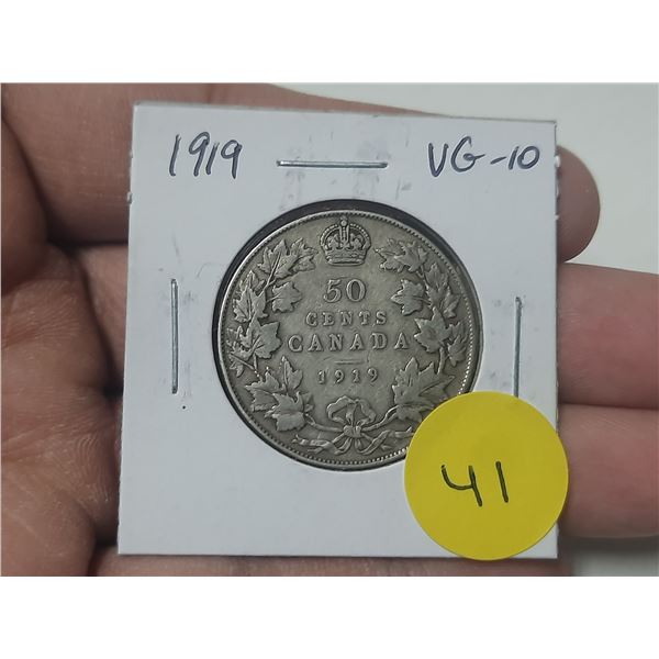 1919 Canadian Silver 50 Cents. VG10.