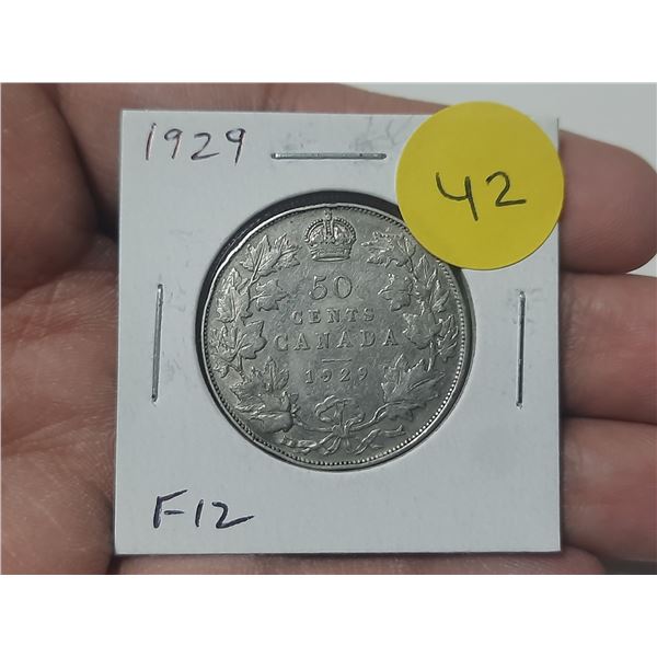1929 Canadian Silver 50 Cents. Issued the first year of the Great Depression. F12.