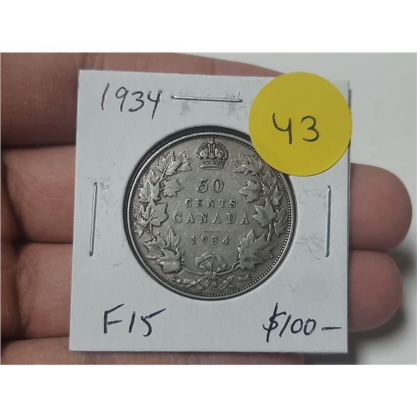 1934 Canadian Silver 50 Cents. F15. Key Date. Mintage of 39,539.