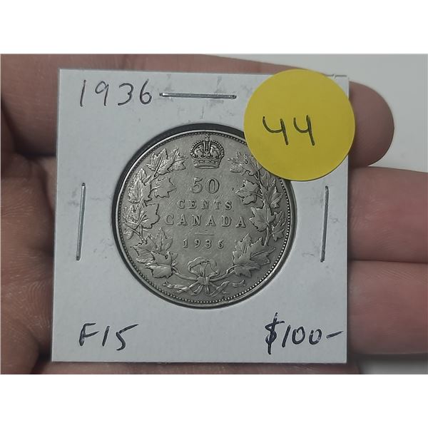 1936 Canadian Silver 50 Cents. F15. Key Date. Mintage of 38,550.