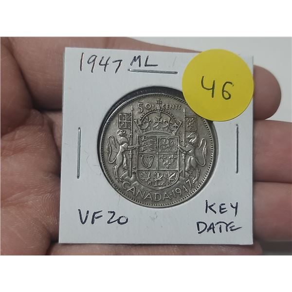 1947 Maple Leaf Canadian Silver 50 Cents. Scarce ML variety. VF20. Key Date.