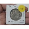Image 1 : 1947 Maple Leaf Canadian Silver 50 Cents. Scarce ML variety. VF20. Key Date.