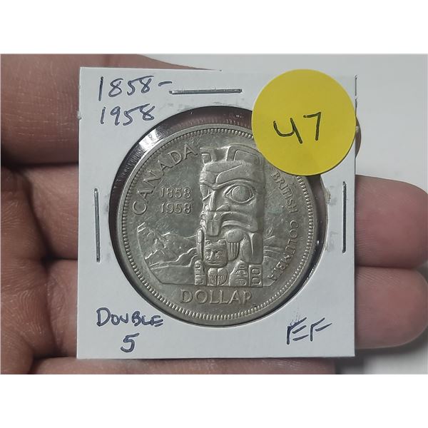 1858 – 1958 Canadian Silver Dollar. Commemorates British Columbia becoming a Crown Colony. 