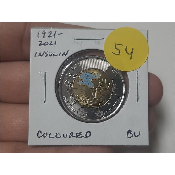 1921 – 2021 Discovery of Insulin Colourized Toonie. Commemorates the work by Doctors Bantin