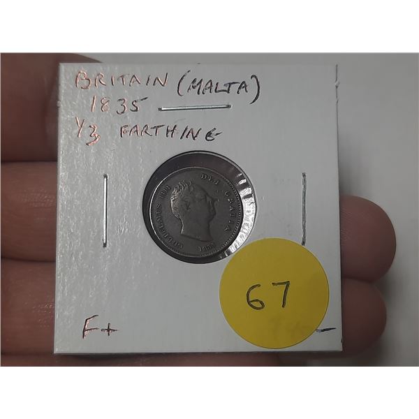 Great Britain. 1835 1/3 Farthing issued for use in Malta. Fine+.