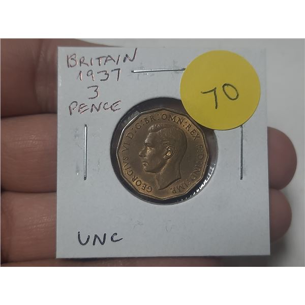 Great Britain. 1937 3 Pence. First year of issue in brass. Uncirculated.