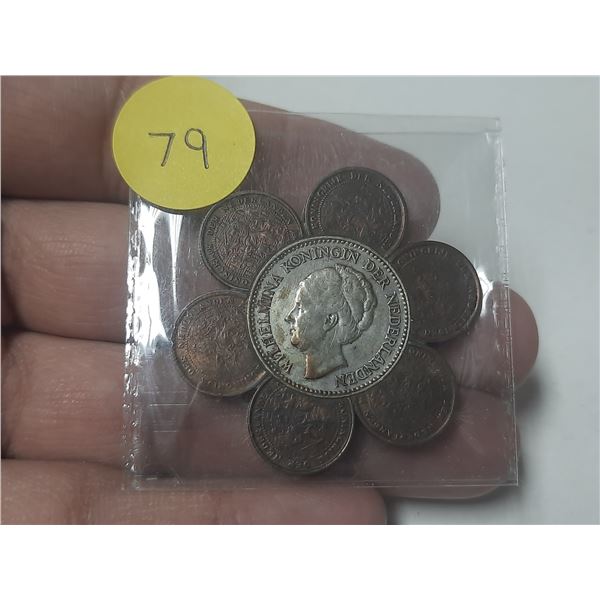 Netherlands. Dutch 1930 Silver 1 Gulden surrounded by 6 smaller coins, so it looks like a flower. Wa