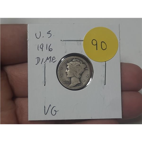 U.S. 1916 Dime. First year of the Mercury Silver Dime. VG.
