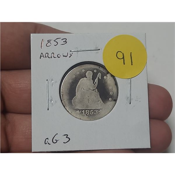 U.S. 1853 Quarter with Arrows at date. aG3 with readable date.