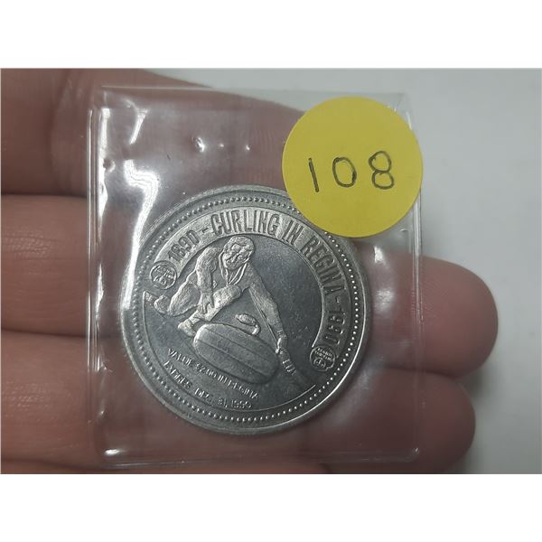 1990 Regina Trade Dollar. Commemorates the 100th Anniversary of Curling in Regina.