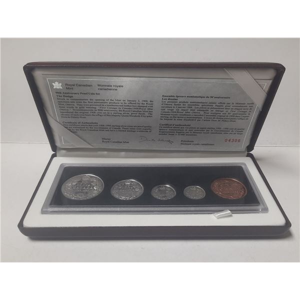 1998 90th Anniversary coin set of the first coins struck in Canada. 5-coin set, 4 of which are Sterl