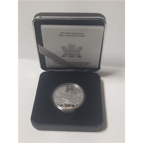 1987 – 1997 10th Anniversary Silver Proof Loon Dollar. Sterling Silver. Proof with Ultra He