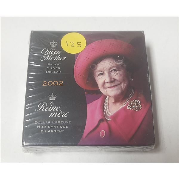 Unopened 2002 Queen Mother Silver Dollar. She lived from 1900 – 2002. Sterling Silver. Proo