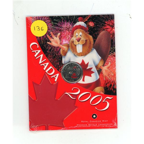 2005P Colourized Canada Day 25 Cents. Red Colourized Beaver. Housed in its original unopened RCM fol