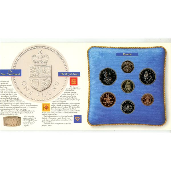 1988 British Royal Mint Brilliant Uncirculated Set. 7-coin set from 1 penny to 1 Pound. Housed in it