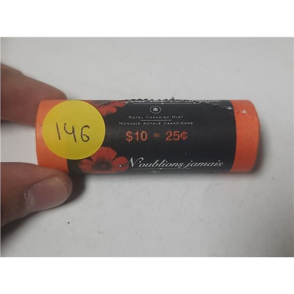 Roll of 2004P Colourized Poppy 25 Cents. Unopened original special roll marked Lest We Forget.