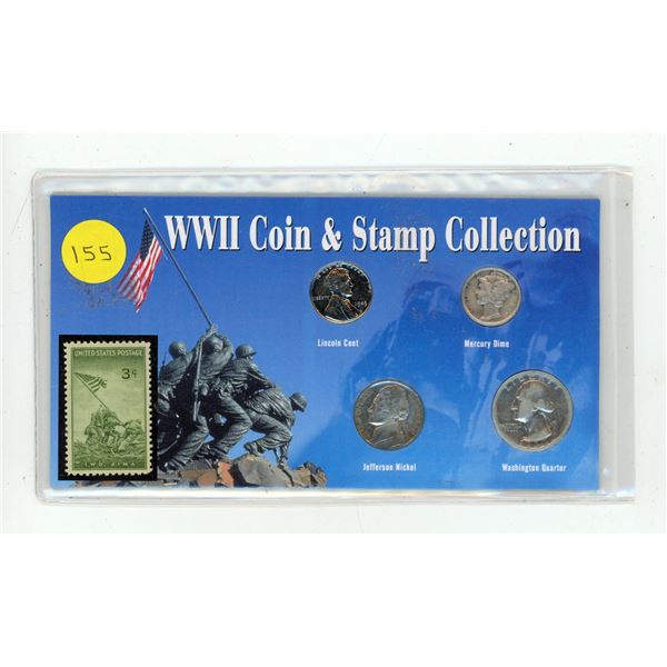 U.S. World War II Coin and Stamp Collection. Includes 4 coins (2 are silver) plus an Iwo Jima Stamp.