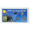 Image 1 : U.S. World War II Coin and Stamp Collection. Includes 4 coins (2 are silver) plus an Iwo Jima Stamp.