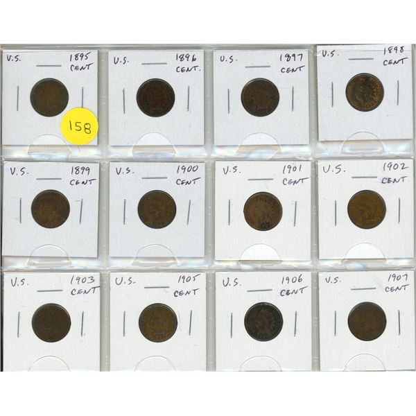 Set of 12 U.S. Indian Head Cents from 1895 – 1907.