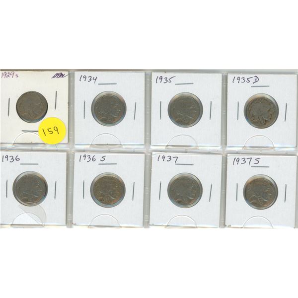 Set of 8 U.S Buffalo Nickels from 1929S – 1937S.