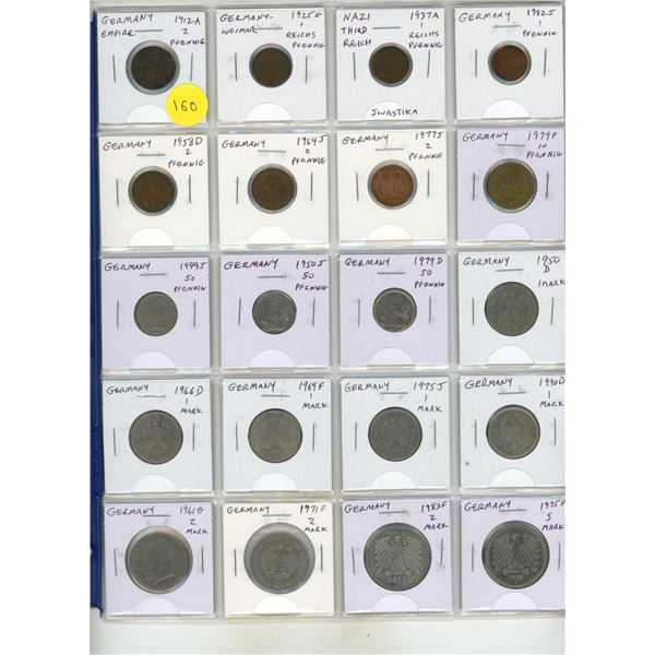 Set of 20 German coins including Empire, Weimar Republic, Nazi Third Reich and modern Federal Republ