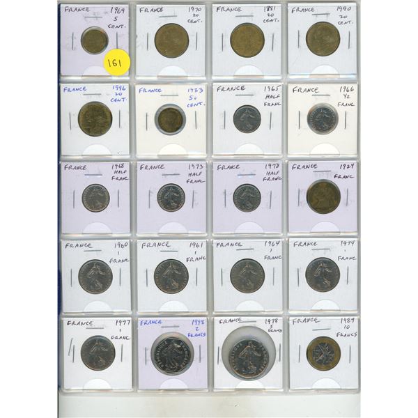 Set of 20 French coins from 5 Centimes to 10 Francs.