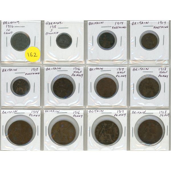 Set of 12 World War I coins 1914 – 1918 from Belgium, Germany and Great Britain.