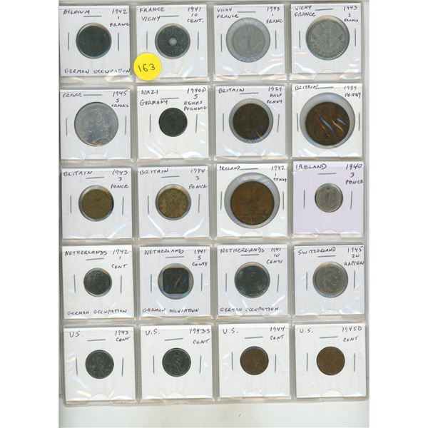 Set of 20 World War II coins from Belgium, Vichy France, France, Nazi Germany, Britain, Ireland, Net
