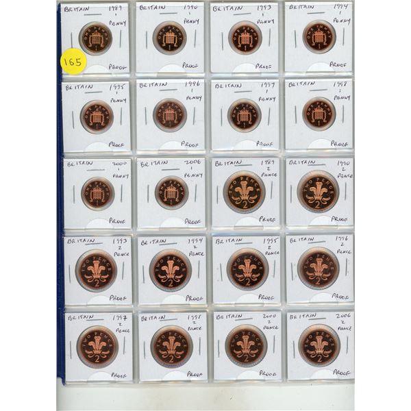Set of 20 British Proof Pennies and Two Pence 1989 – 2006. All from Royal Mint Proof Sets.