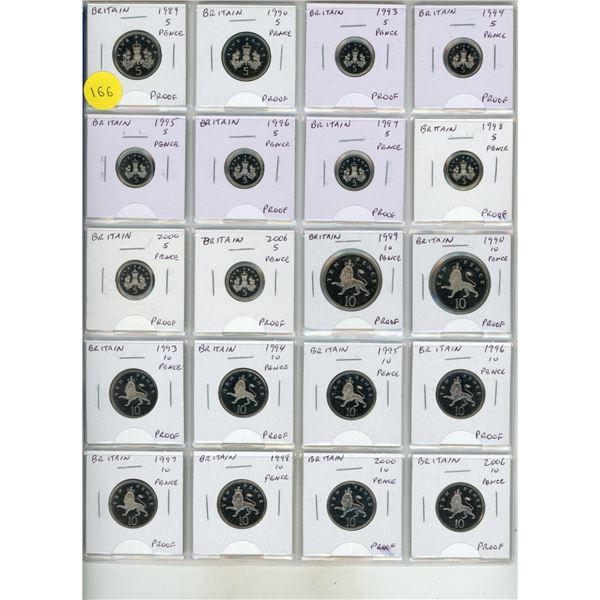 Set of 20 British Proof 5 Pence and 10 Pence from 1989 – 2006. All from Royal Mint Proof Se