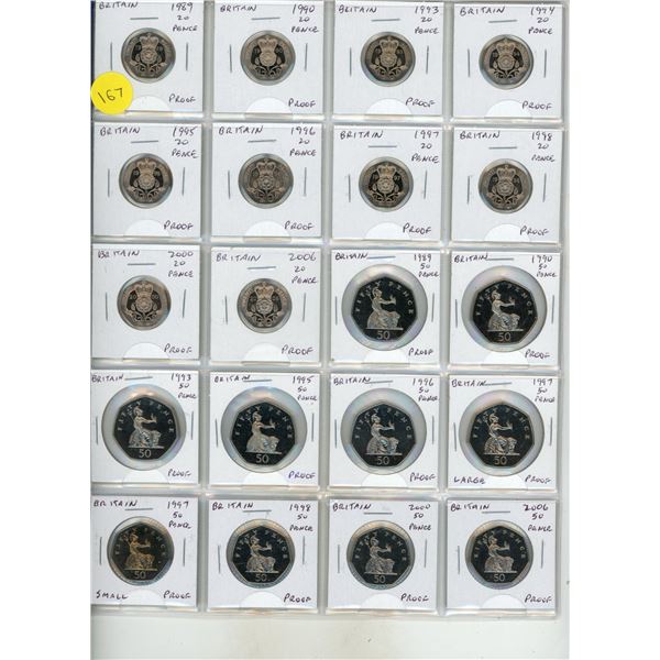 Set of 20 British Proof 20 Pence and 50 Pence from 1989 – 2006. All from Royal Mint Proof S