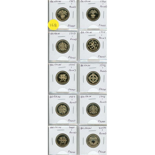Set of 10 British Proof 1 Pound coins from 1989 – 2006. All from Royal Mint Proof Sets.